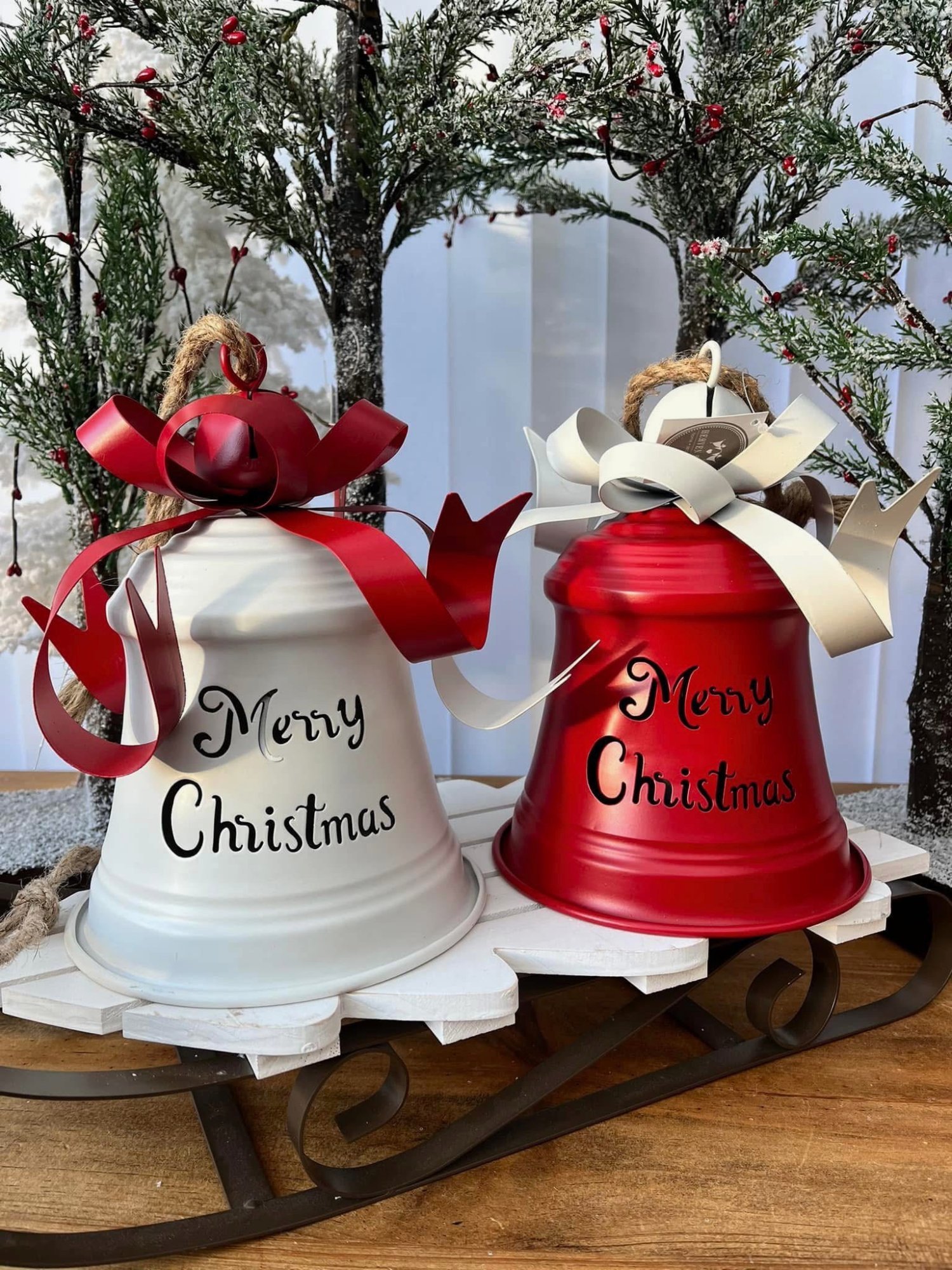Merry Christmas bells red and white pair